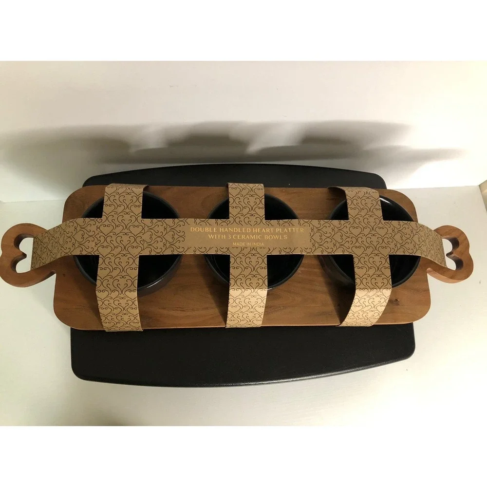 3pc Snack Dish Set w/ Wood Tray – Serving Board for‎ Party, Chips, Dips & Sauces